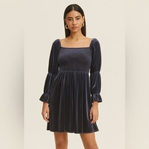 NWT IVIR RUFFLED SMOCKED DRESS OFF SHOULDER VELVET Navy Blue Holiday Dress Sz Sm